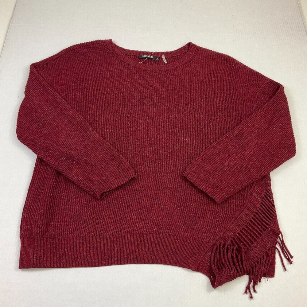 NIC+ZOE Womens Red Crewneck Sweater with Fringe Hem